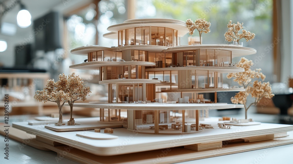 Aufkleber intricate architectural model showcasing a modern multi-level building with trees and furniture