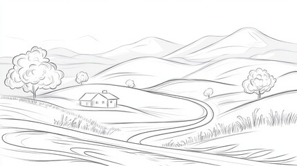 A continuous one-line drawing of a rural landscape featuring rolling hills, a house, trees, and a winding road, creating a panoramic nature sketch