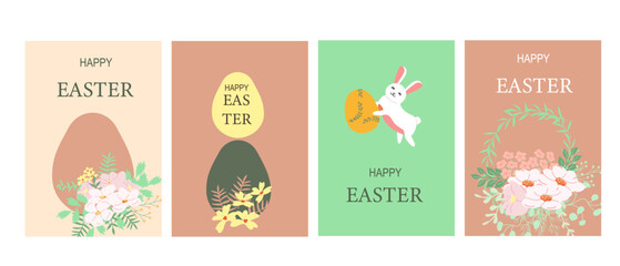 Fototapeta premium Happy easter geometry cards set with floral designs and playful bunny illustrations. Simple hand drawn modern cards with spring flowers and eggs.