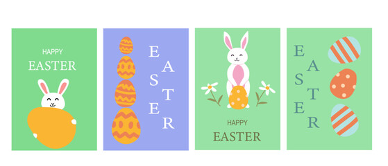 Happy easter geometric design set with eggs and bunny for festive cards or posters.