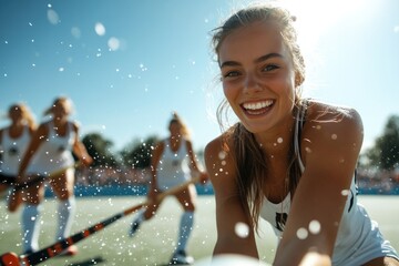 Young caucasian female field hockey team celebrating under clear sky