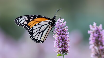 Obraz premium Monarch butterfly feeding on lavender, garden background, nature photography