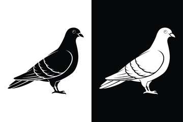 Minimalist Pigeon Silhouette Vector Icon in Black & White.