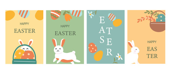 Happy easter cards with cute bunny and colorful eggs.
