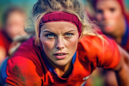 Focused caucasian female rugby player in action