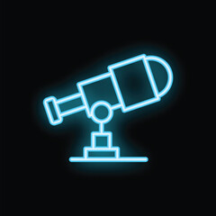Glowing neon telescope pointing up at night sky, searching for stars and planets in the universe