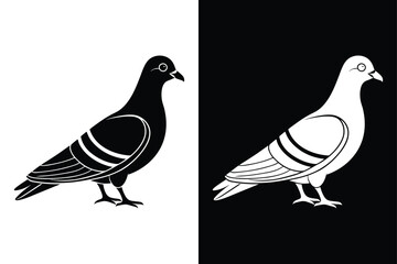Minimalist Pigeon Silhouette Vector Icon in Black & White.