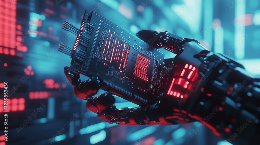 Poster a futuristic animation of a robotic arm holding a high-tech microprocessor, showcasing cpu digitizat