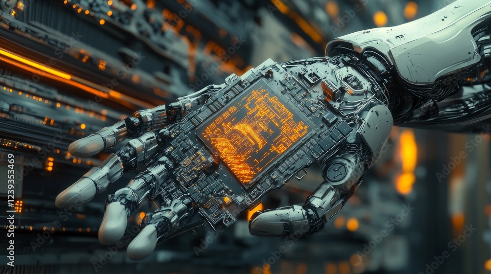 Poster a futuristic animation of a robotic arm holding a high-tech microprocessor, showcasing cpu digitizat