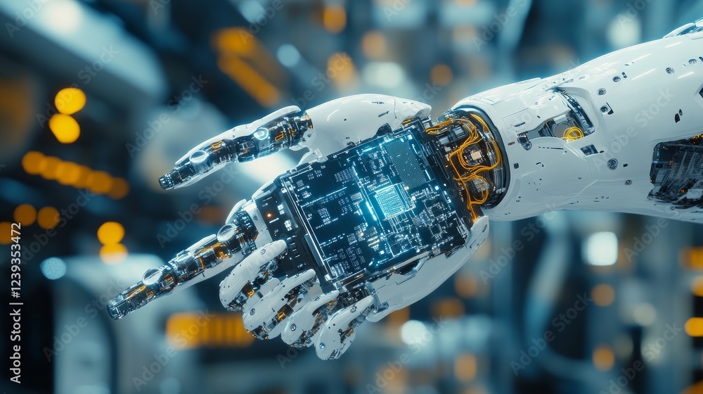 Poster a futuristic animation of a robotic arm holding a high-tech microprocessor, showcasing cpu digitizat