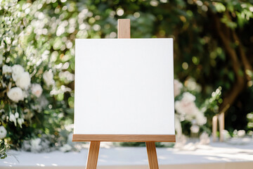 Blank canvas mock up welcome signboard on a wooden easel in front of festive decorated outdoor table