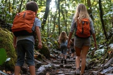Hiking adventure in lush forest with two young caucasian children and female adult