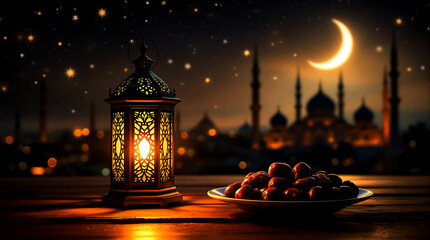 Ramadan Kareem Celebration with Lantern, Dates, and Mosque Under Crescent Moon