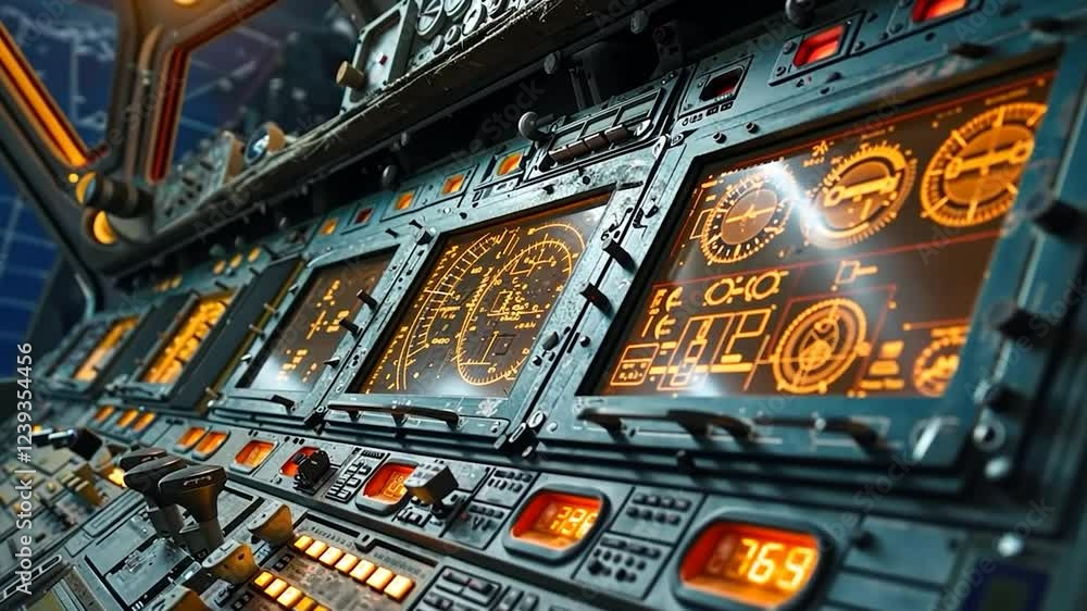 Poster futuristic control panel with glowing screens and advanced buttons.
