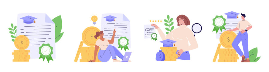 People taking grant money. Form of financial aid. Student pay education loan. Collection of grant certificate, university and college fee, study fund, scholarship money. Vector illustration set