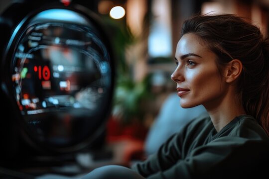 Caucasian young female engaged with futuristic technology display in modern setting
