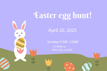 Happy easter egg hunt invitation with bunny and geometric designs for spring celebration.