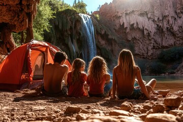 Family enjoying camping by waterfall with orange tent in scenic nature setting