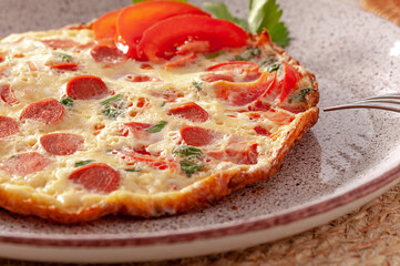 Fried omelette with tomatoes, sausages and fresh herbs for the perfect breakfast