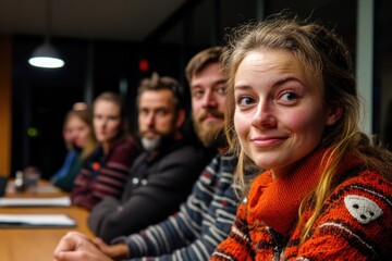 Group of adults in meeting room with smiling caucasian female in focus