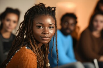 Obraz premium Young african female with dreadlocks in group setting smiling confidently