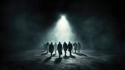 Mysterious silhouettes walking toward light in dark foggy atmosphere