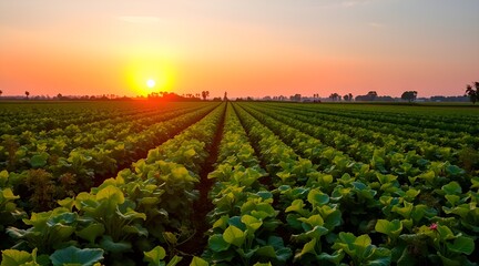At sunset, a vibrant organic vegetable field with a variety of fresh veggies growing in a verdant setting