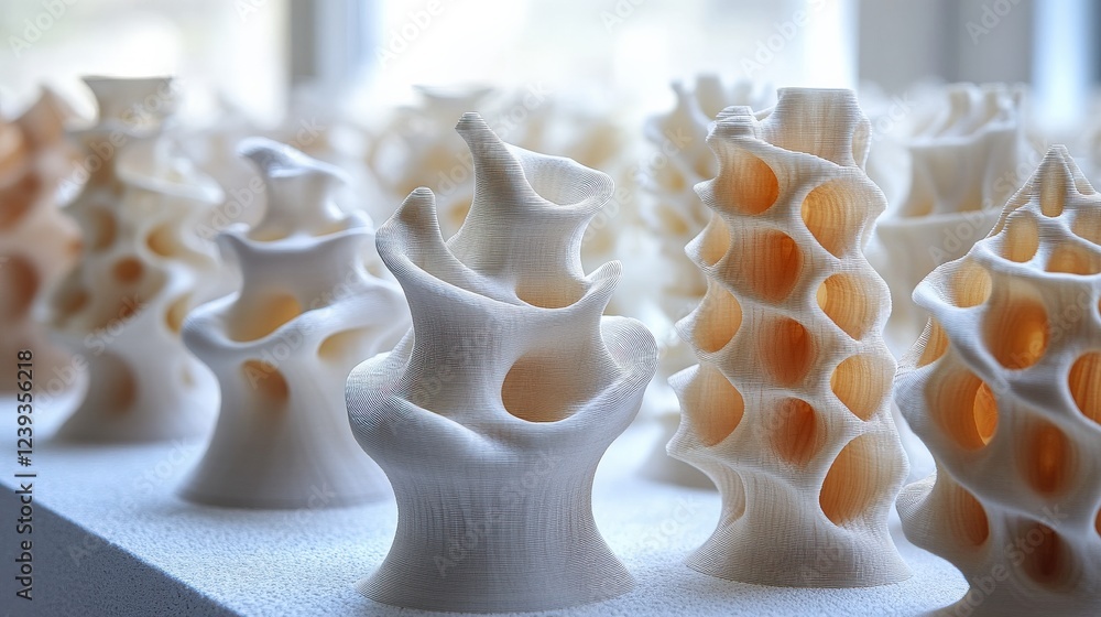 Aufkleber intricately designed 3d-printed sculptures displayed on a shelf with natural light illuminating them