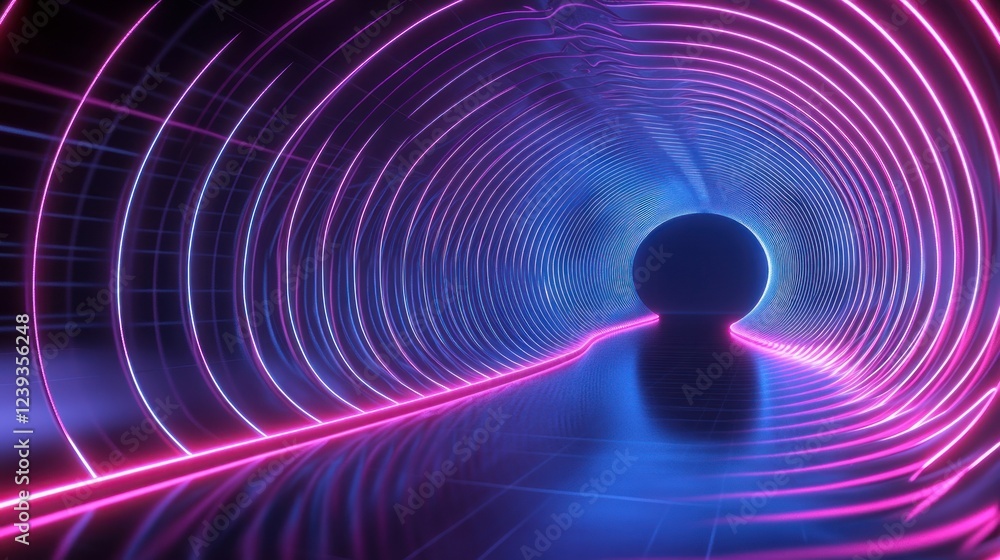 Poster a sci-fi-inspired 3d rendering of neon glowing lines forming a futuristic tunnel, with reflective su