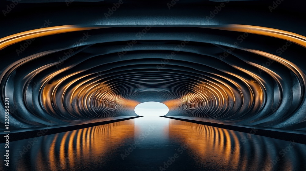 Poster a sci-fi-inspired 3d rendering of neon glowing lines forming a futuristic tunnel, with reflective su