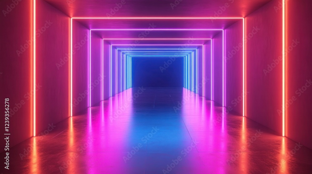 Poster a sci-fi-inspired 3d rendering of neon glowing lines forming a futuristic tunnel, with reflective su