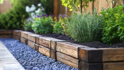 Modern Garden Design With Wooden Raised Beds And Decorative Gray Gravel Path