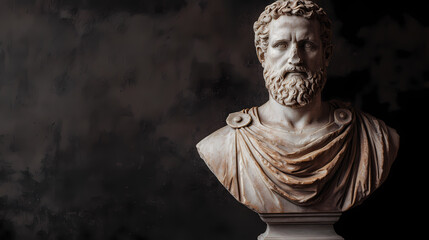 Marble bust of an ancient roman figure displayed against a dark background. Time Period Influence. Illustration