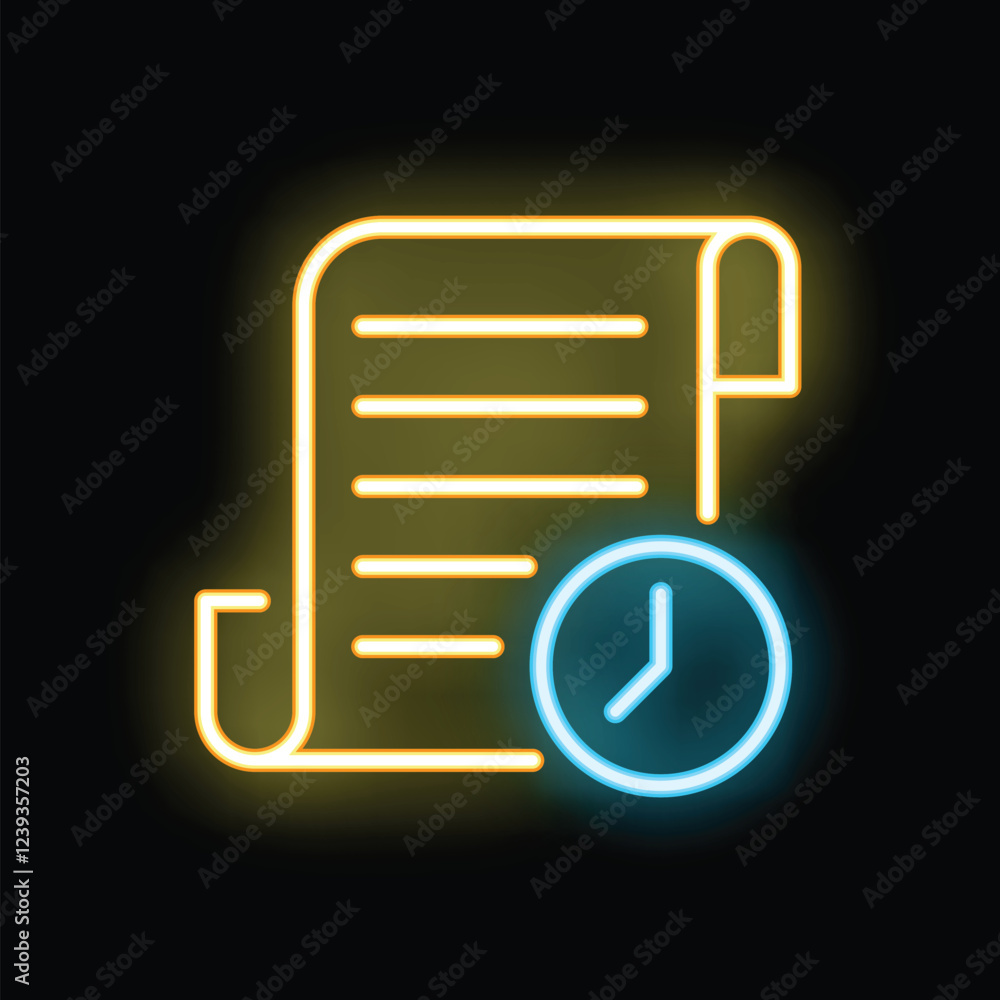 Poster neon glowing icon of a clock showing deadline for document preparation or contract signing