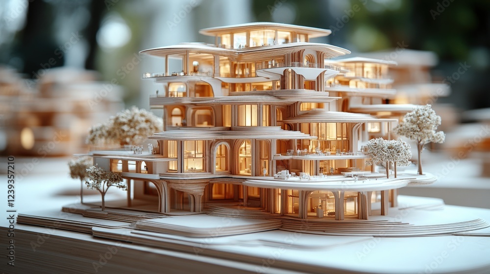 Poster intricately designed architectural model showcasing multiple levels and illuminated features, surrou