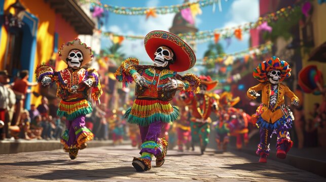 Vibrant day of the dead parade with colorful traditional costumes and decorated skeletons