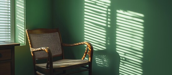 Shadows from the blinds on the green wall.A wicker armchair on a green wall, illuminated by soft light coming through the blinds.