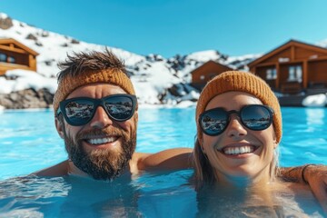 Smiling couple swimming in mountain pool with snowy cabin view