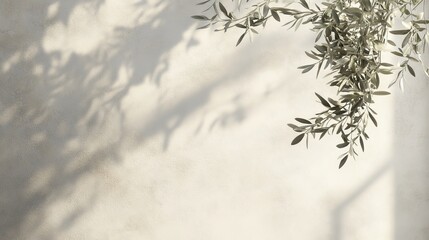 A soft, neutral-toned wall featuring olive tree branches, creating a calm and elegant botanical aesthetic