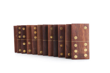 Many wooden dominos blocks on white background
