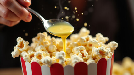 A hand pouring melted butter onto popcorn in a classic red and white striped bucket.