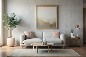 Modern Minimalist Living Room Interior with Neutral Tones and Abstract Artwork