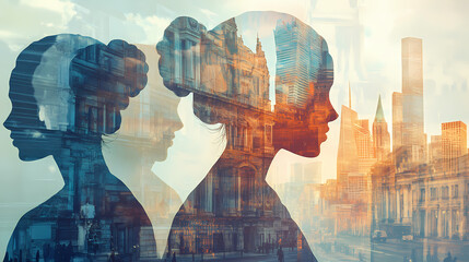 Women transparent figures from different historical periods layer over a modern-day cityscape. women history month conceptual image. ai generated. Time Period Influence. Illustration