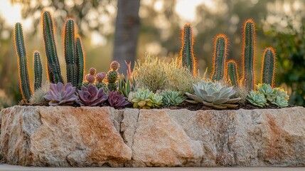 Colorful succulents and striking cacti thrive on a textured sandstone podium, illuminated by the soft glow of the setting sun, creating a serene desert oasis vibe