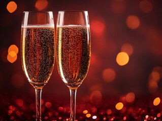 A Toast to Romance: Two Sparkling Champagne Flutes Against a Red, Festive Background, Perfect for Celebrating Love and Special Occasions.