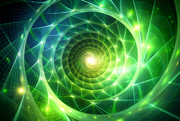 Obraz premium Abstract Green Spiral Light Background. Glowing Energy Pattern. Bright Shiny Vortex. Digital Art Illustration