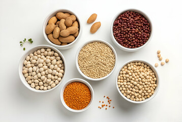 Assorted Legumes and Grains in White Bowls on White Background