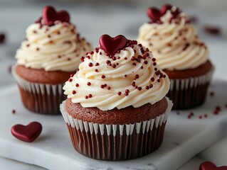 Decadent Red Velvet Cupcakes with Cream Cheese Frosting, adorned with Chocolate Hearts and Red Sprinkles, perfect for Valentine's Day or Romantic Celebrations.