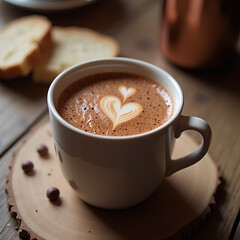 Coffee cup, latte art, heart shape foam, espresso, ceramic mug, wooden surface, coffee beans