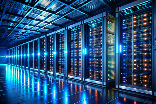 Blue Illuminated Data Center Server Room. A data center server room with blue lighting.filled with servers